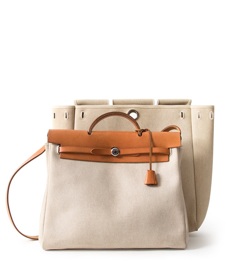 Hermès Herbag Cognac & Toile 2 in 1 tweedehands authentiek veilig online shoppen winkelen mode stijl LabelLOV Antwerpen België designer ontwerper luxe luxemerken