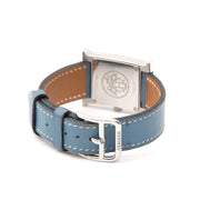 Lovely ladies watch: Hermes steel 'Heure H' watch with a white dial, quartz movement and smooth Blue Jean calfskin leather strap. Contrast stitching.