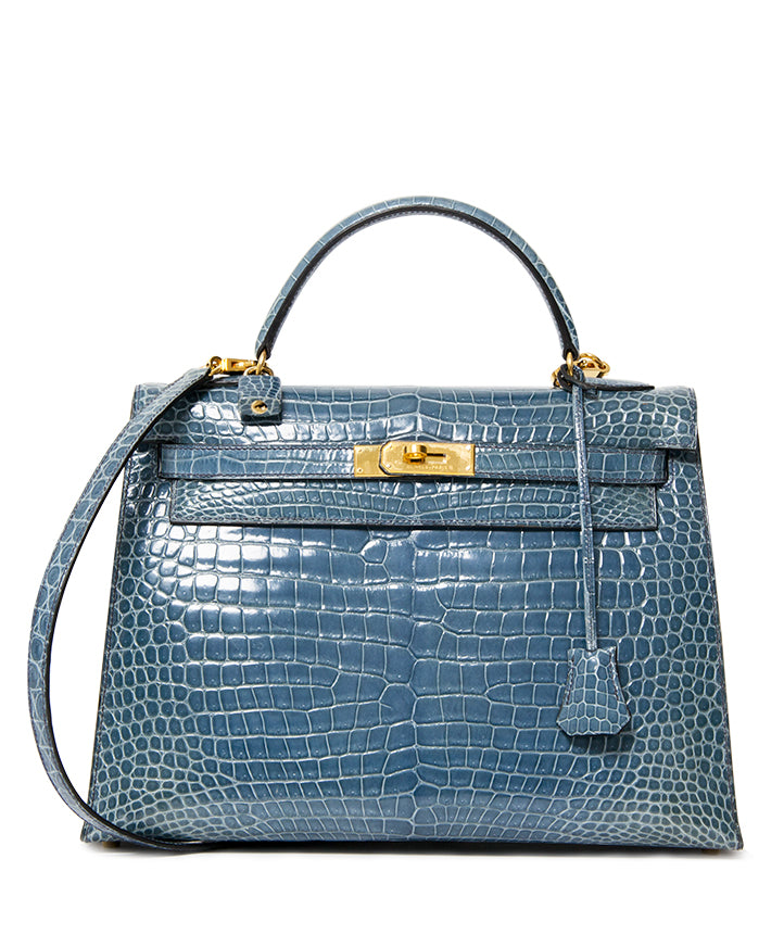Hermès Kelly 32 Blue Jean Crocodile Porosus GHW
