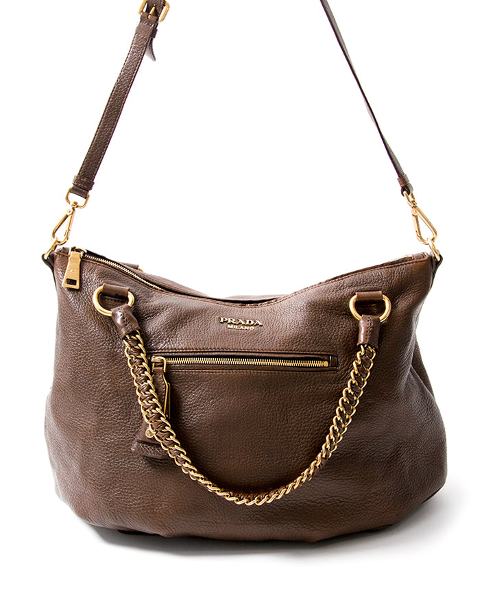 Koop velig online tweedehands chocolade bruin Prada schoudertas aan de beste prijs online webshop labellov