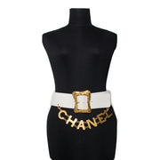 Authentic secondhand Chanel white waist belt gold letter charms right price LabelLOV online vintage webshop designer luxury brands safe secure Antwerp shopping Belgium