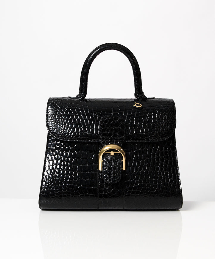 Authentieke tweedehands designer Delvaux Black croc Brillant MM vintage factuur veilig online winkelen juiste prijs labellov webwinkel mode Antwerpen België