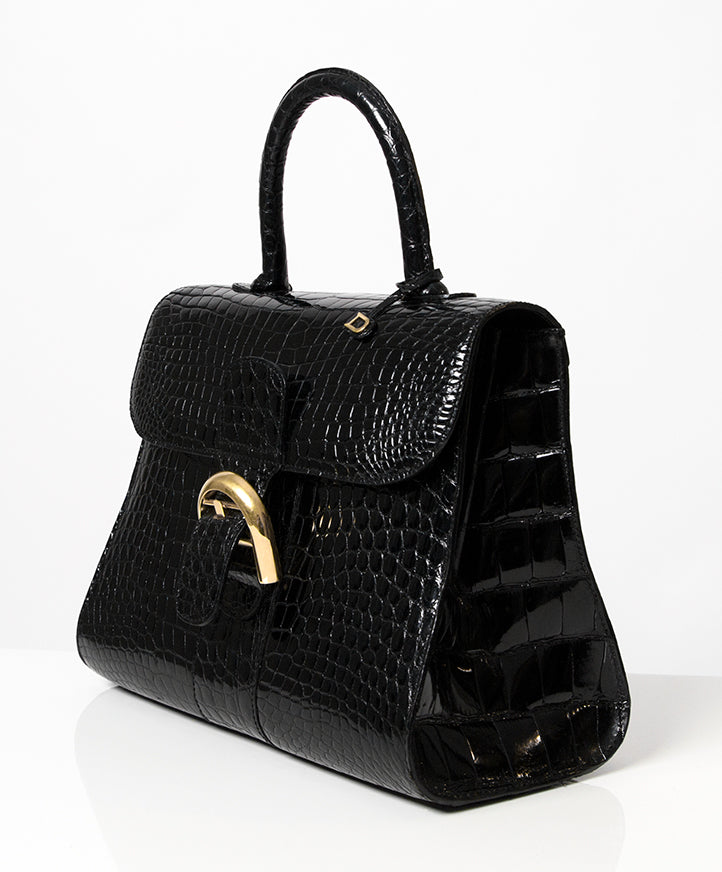 Koop veilig online tweedehands zwarte croco krokodil Delvaux Brillant MM handtas online webshop Labellov, België, Antwerpen