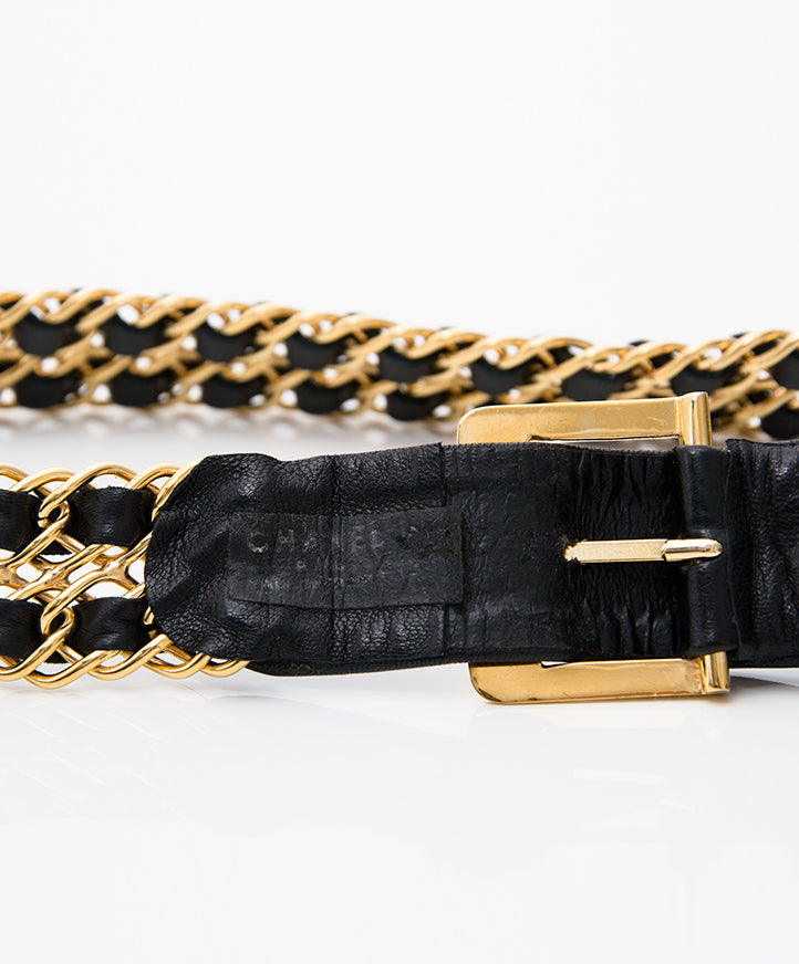 Authentieke tweedehands Chanel leren goud ketting gevlochten riem juiste prijs labellov vintage webshop veilig online winkelen designer luxe merken fashion shoppen mode Antwerpen België