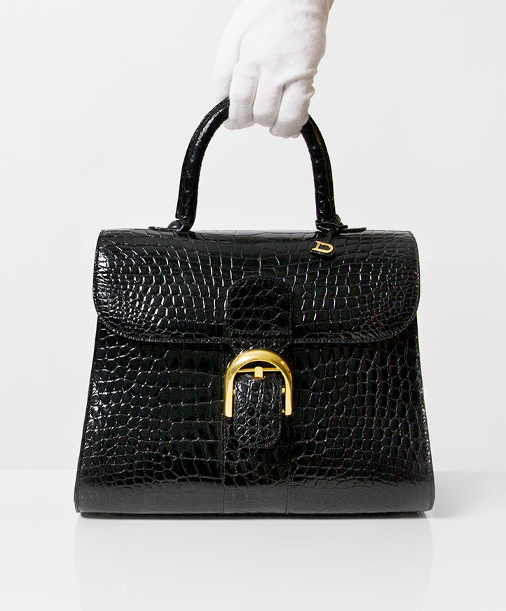 Authentic secondhand designer vintage Delvaux Black Croco Brillant MM handbag invoice safe secure online shopping right price labellov webshop fashion Antwerp Belgium