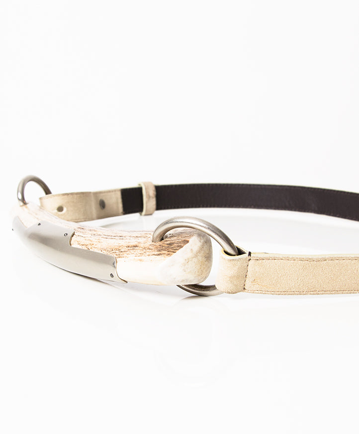 YSL Off-white Leather Mombassa Horn Belt. Features an antelope horn section with silver detailing and silver hardware links and hoops.