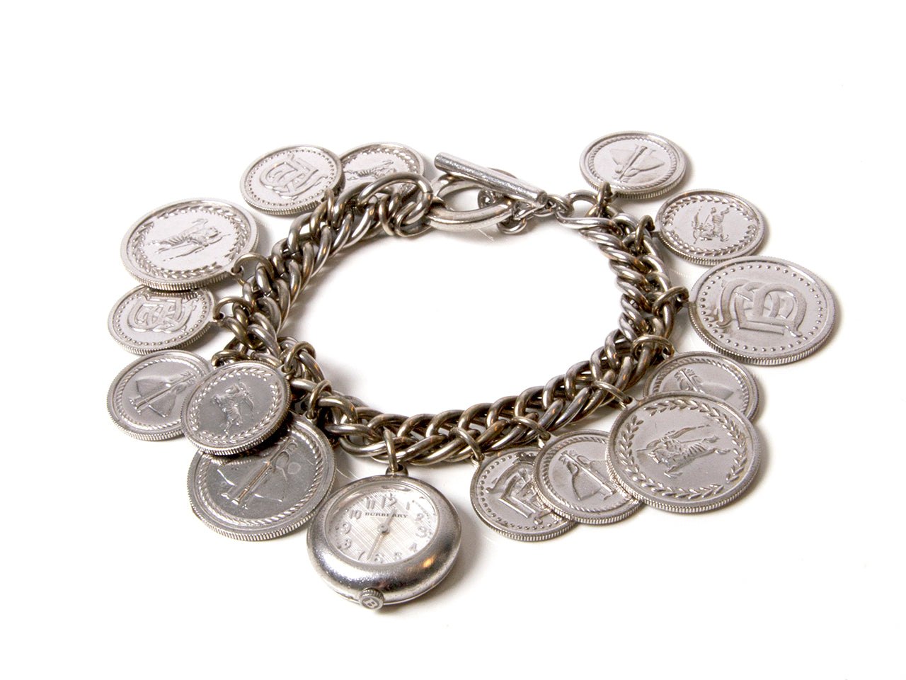 Burberry Lady's Sterling Silver Coin Charm Bracelet Watch BU5220