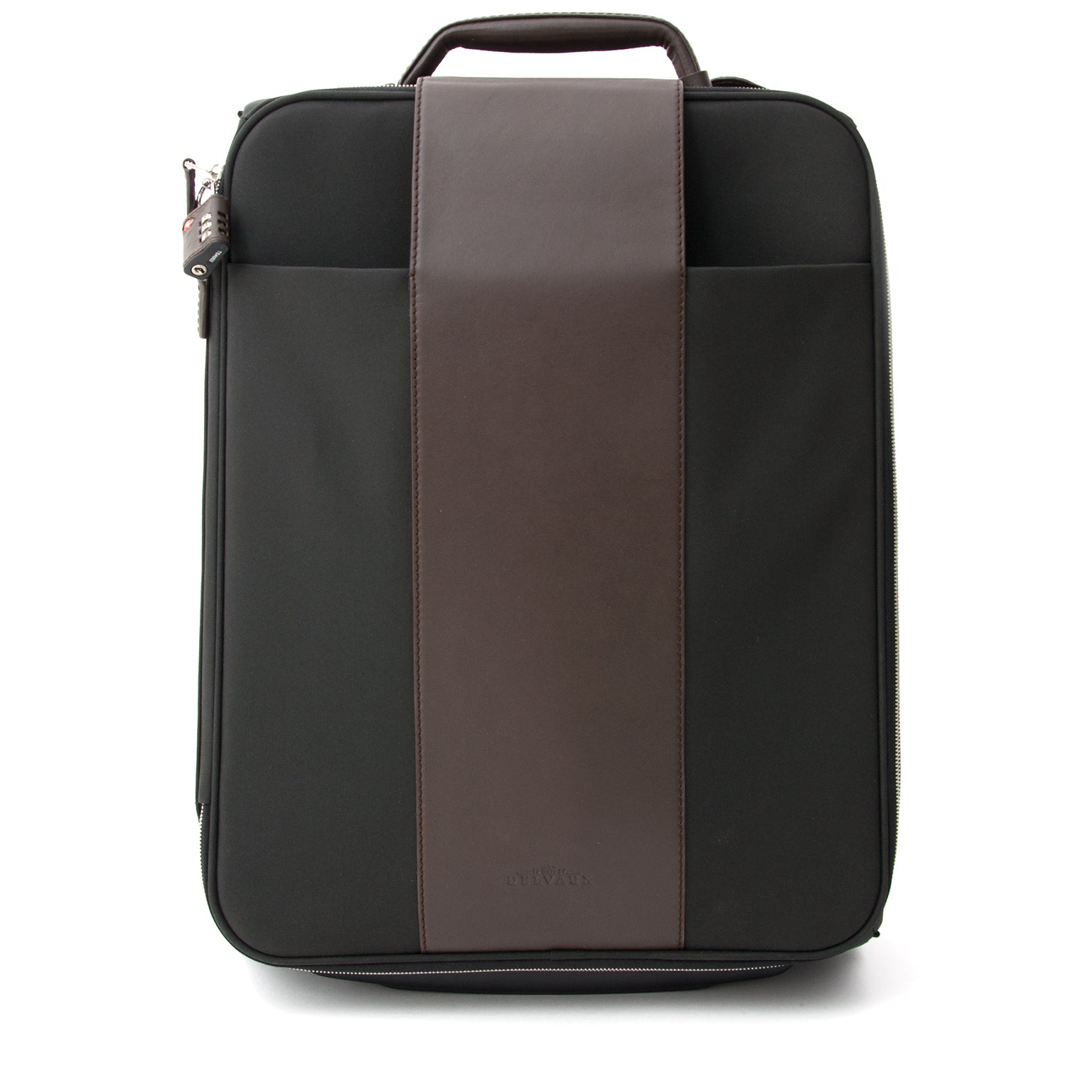 This Delvaux suitcase in black canvas is the perfect refined travel company. The interior of the suitcase is covered with original Delvaux blue design. On the inside you find two extra zipper closures for personal goods and ribbons to hold your clothe