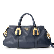 Prada Navy Leather Gold Buckle Hand/Crossbody Bag
