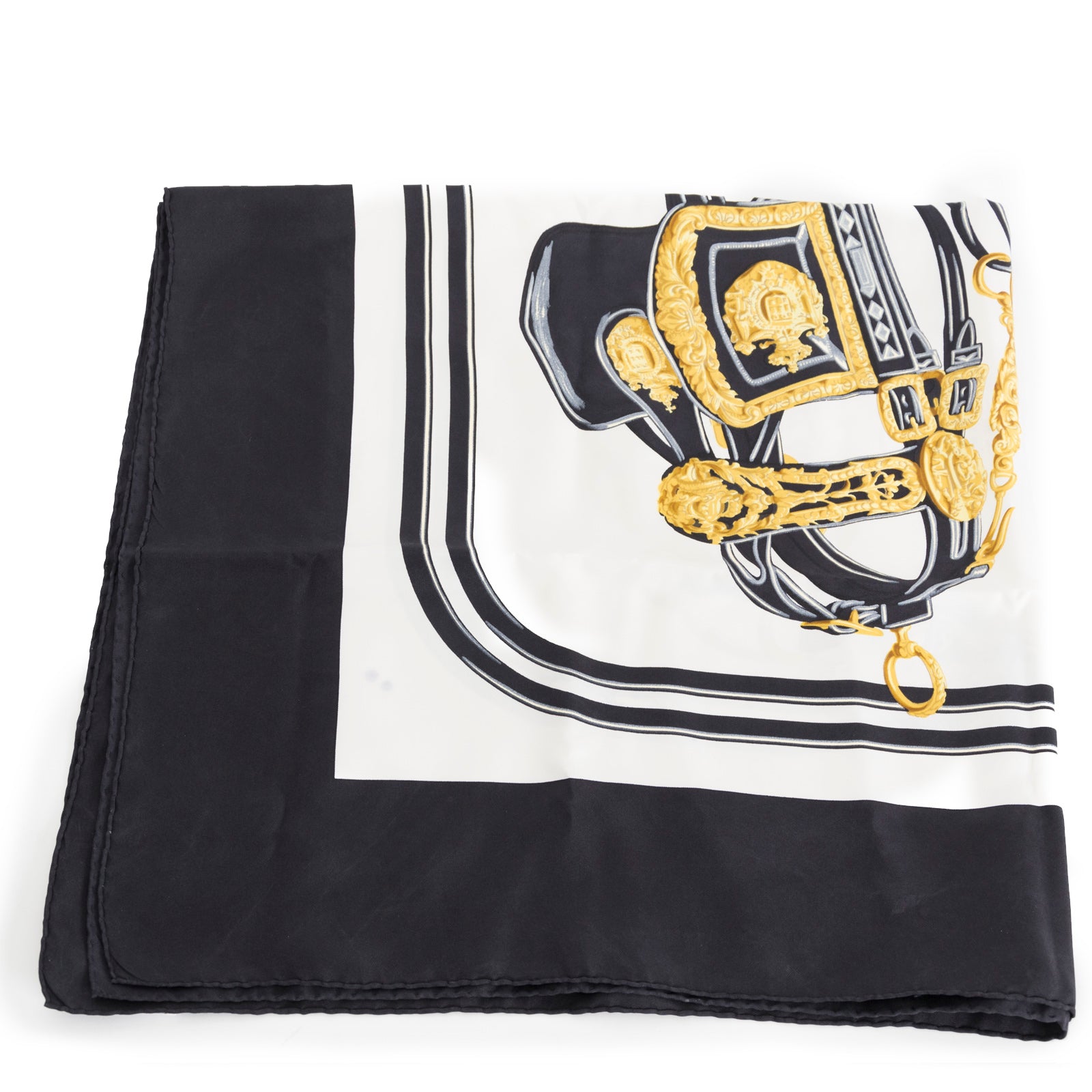 Hermès Black & White Horsebit Brides de Gala Silk Scarf