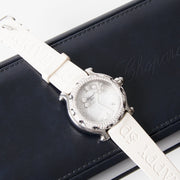 This Chopard 'Happy Sport Snowflake' watch is a stainless steel case with a white leather bracelet. Fixed set in 120 diamonds and 18k white gold bezel. White dial with luminous hands and luminous dots hour markers. Luminescent hands and dial markers. Date