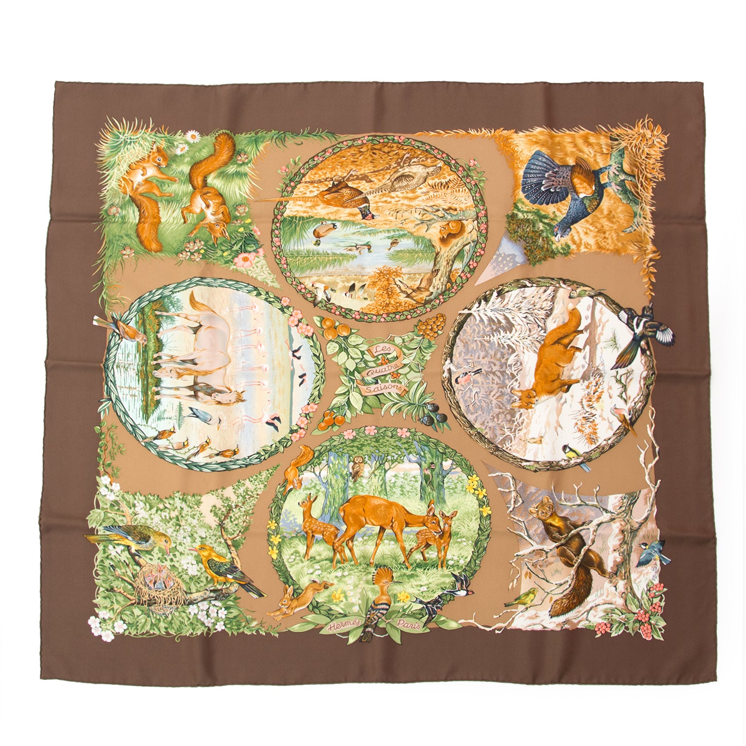 Hermes Carré de soie Les Quatre Saisons. Worldwide shipping of vintage Hermes scarves.