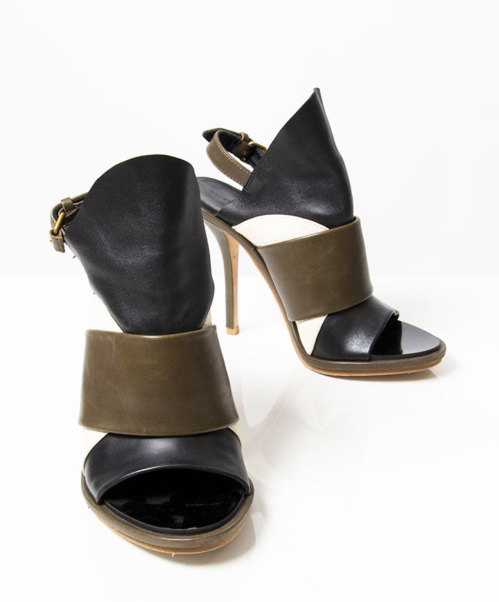 Shop safe Balenciaga Black, Brown and White Glove Leather Slingback Sandals