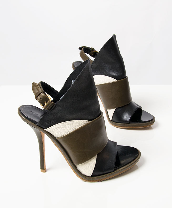 Vintage Balenciaga Black, Brown and White Glove Leather Slingback Sandals
