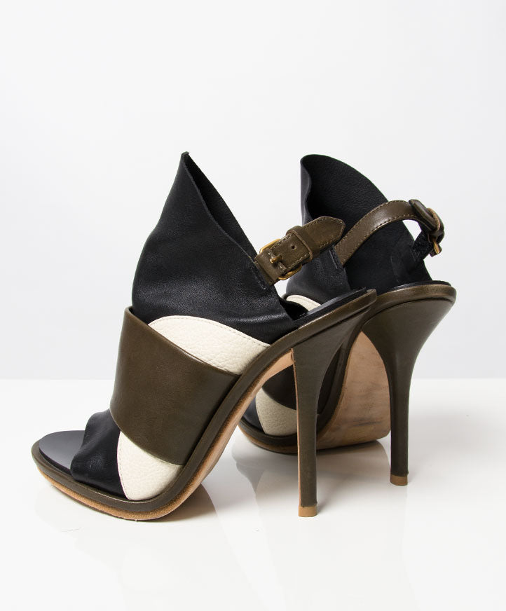 seconde main Balenciaga Black, Brown and White Glove Leather Slingback Sandals