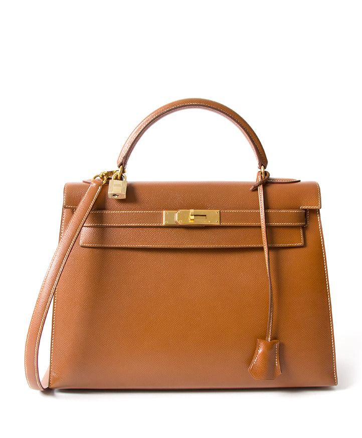 koop veilig online tweedehands designer Hermes Kelly 32 goud aan de beste prijs, 100% authentiek