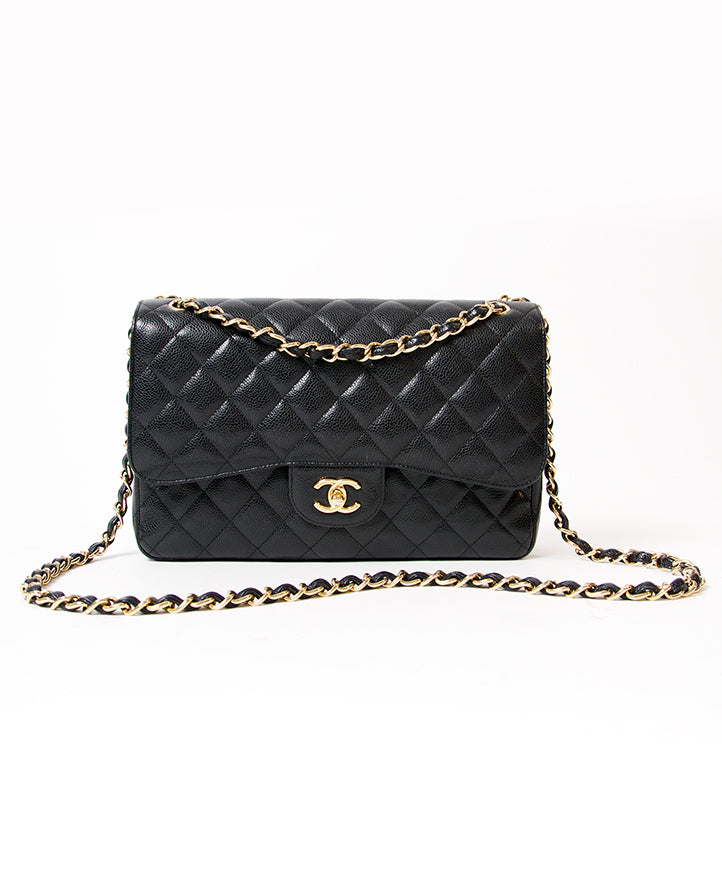 koop veilig en snel 2de hands Chanel Black Caviar Jumbo Double Flap Bag aan de beste prijs online webshop labellov