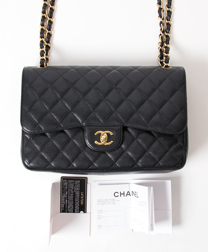 buy safe online second hand Chanel Black Caviar Jumbo Double Flap Bag online webshop labellov