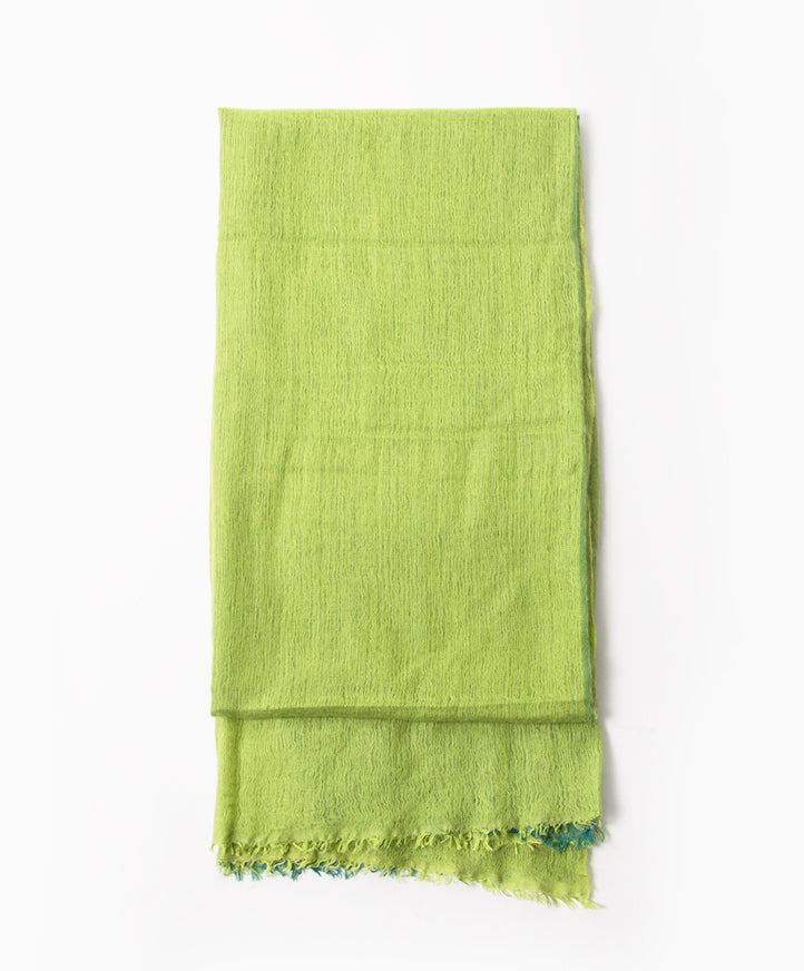 A long (225cm) rectangular Hermès scarf made from 50/50 cashmere and silk blend. Lime green to grass green gradient color.
