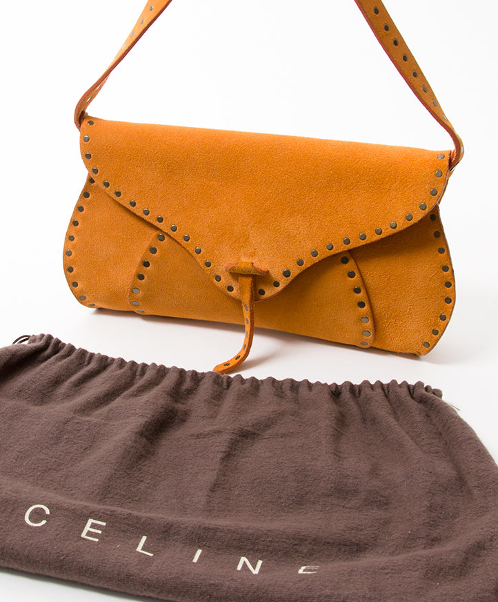Céline Ochre Suede Studded Saddle Bag authentic secondhand safe online shopping fashion LabelLOV Antwerp webshop Belgium designer labels it-bags brands luxury brands high end