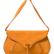 Céline Ochre Suede Studded Saddle Bag authentic secondhand safe online shopping fashion LabelLOV Antwerp webshop Belgium designer labels it-bags brands luxury brands high end