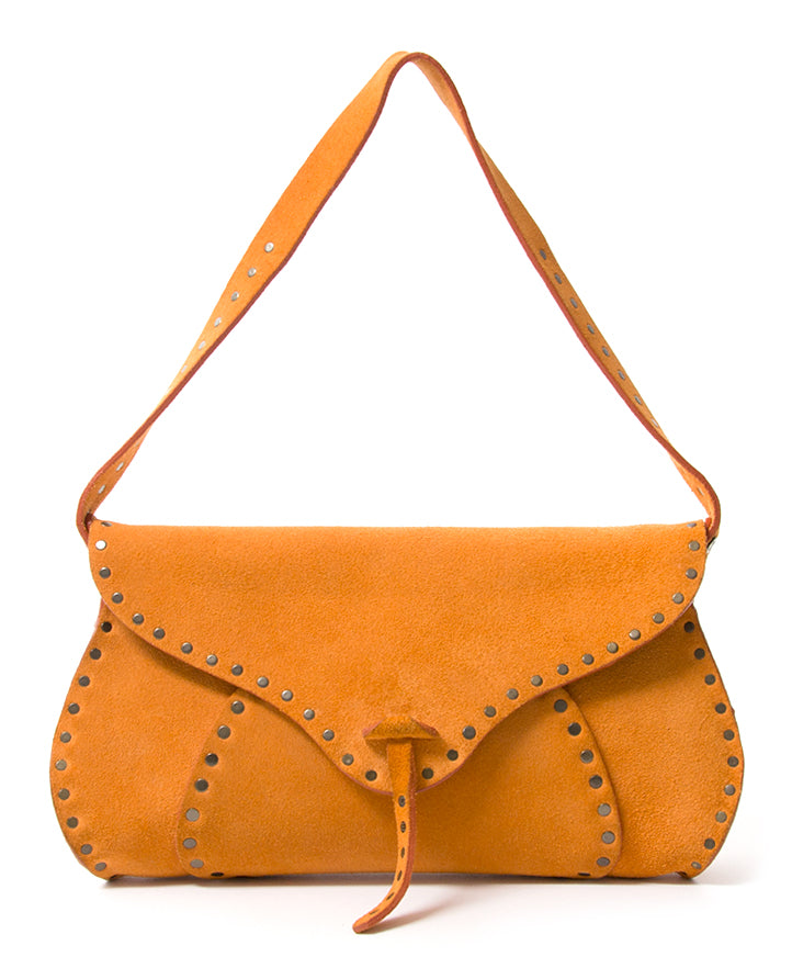 Céline Ochre Suede Studded Saddle Bag authentic secondhand safe online shopping fashion LabelLOV Antwerp webshop Belgium designer labels it-bags brands luxury brands high end