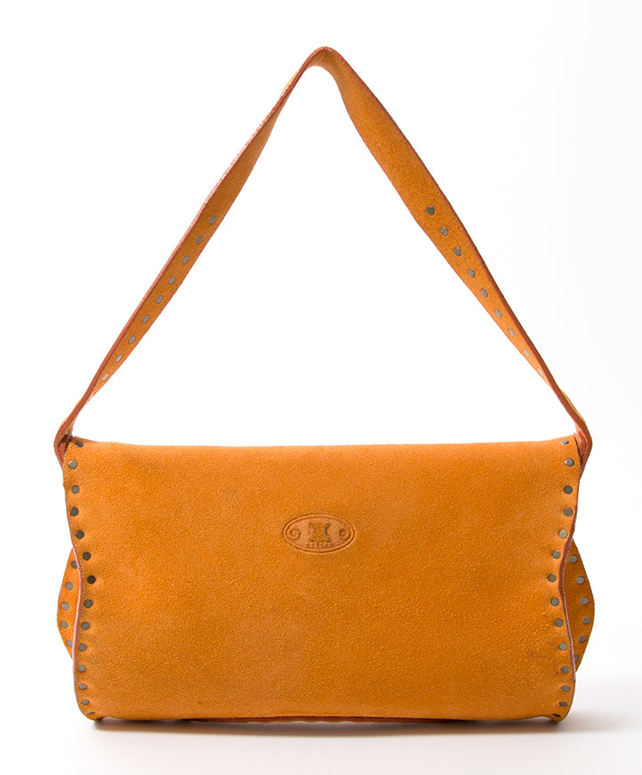 Céline Ochre Suede Studded Saddle Bag authentiek tweedehands veilig online shoppen webshop Antwerpen België LabelLOV mode merken designer ontwerpers luxemerken merken luxetassen tassen