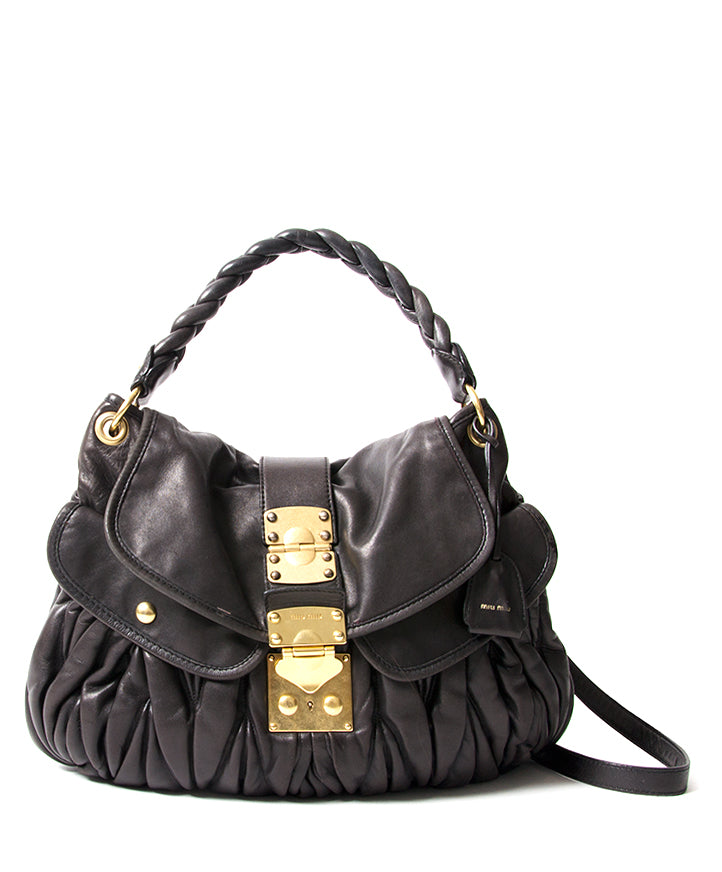 Miu Miu Black Coffer Matelasse Leather Bag authentic secondhand safe online shopping fashion bags it bags webshop Belgium Antwerp LabelLOV designers labels high end brands