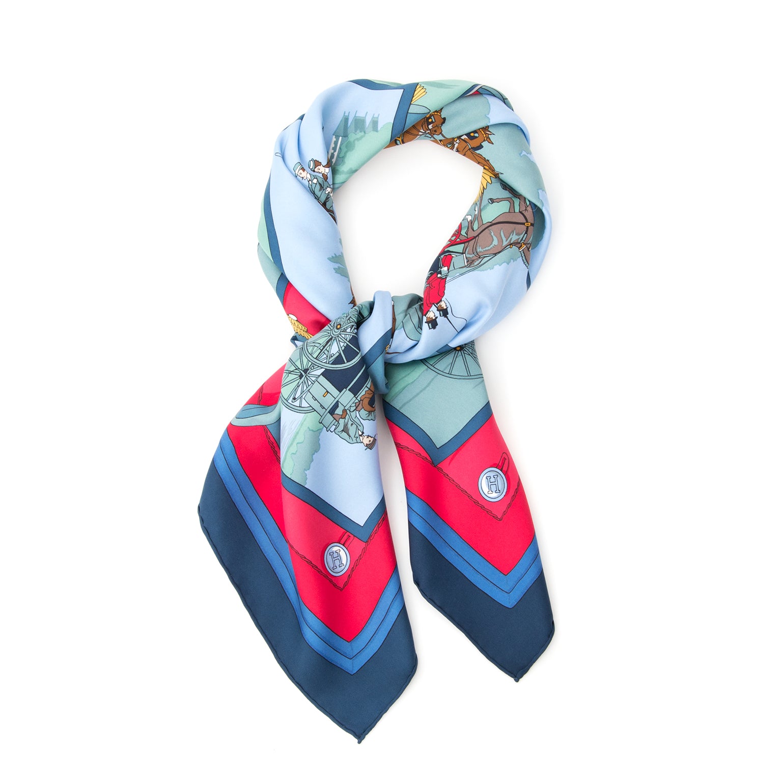 Hermès Carré scarf in blue, green and red. Buy authentic secondhand Hermès scarves at the right price at LabelLOV vinage webshop.