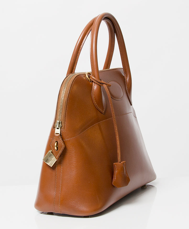 Hermès Bolide 32 Cognac Box Calf Tote Bag. right price safe secure A in a square online shopping labellov webshop designer vintage luxury brands Antwerp fashion Belgium