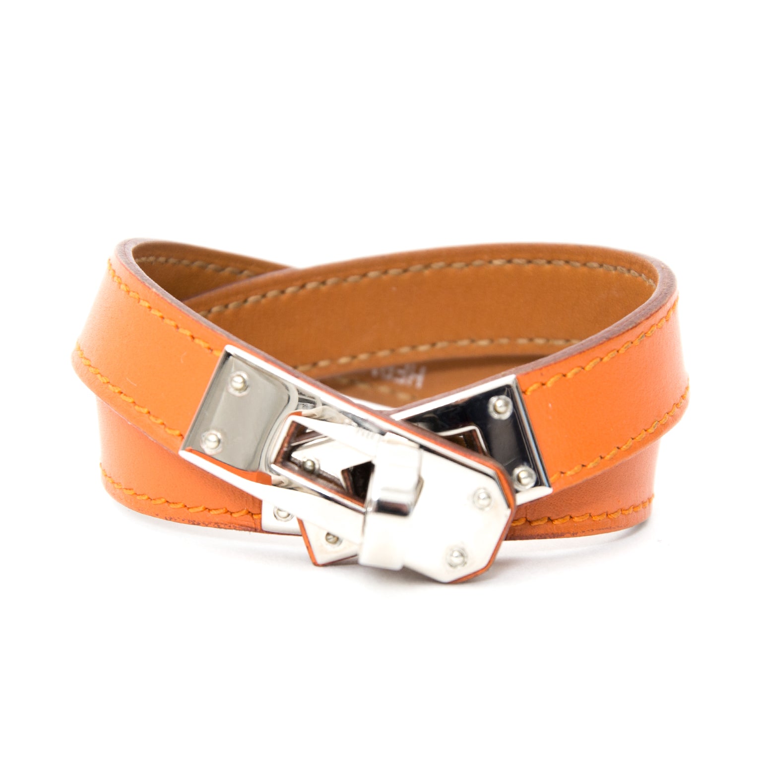 shop worldwide shipping designer luxury second hand Hermes Orange Kelly Double Tour Bracelet