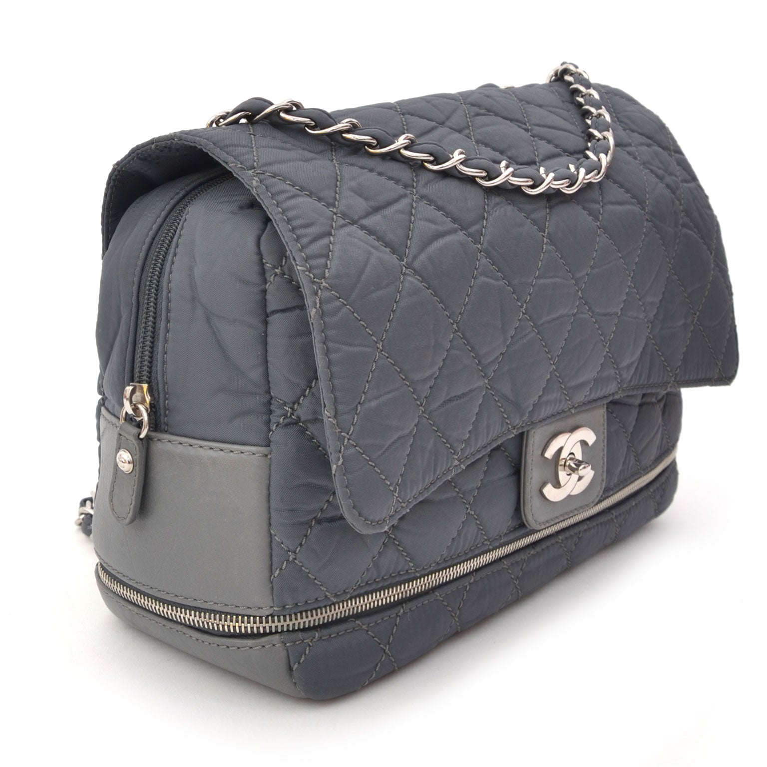Chanel Nylon Zipper Quilted Flap Bag Grey. Worldwide shipping of authentic designer handbags.
