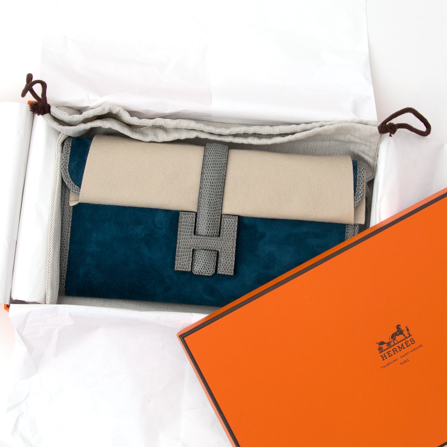 shop safe online secondhand designer vintage Brand New Hermes Bicolor Jige Pochette Suede Lizard
