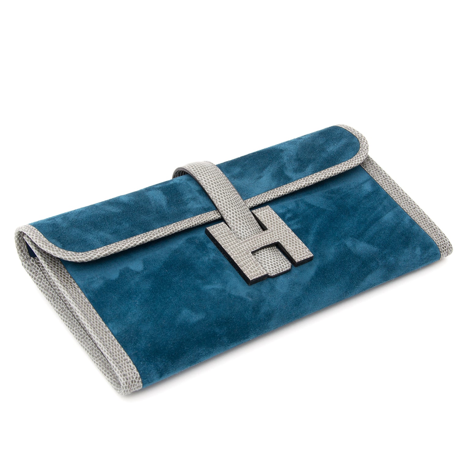 koop veilig online tweedehands Hermes Bicolor Jige Pochette Suede Lizard net als nieuw in doos
