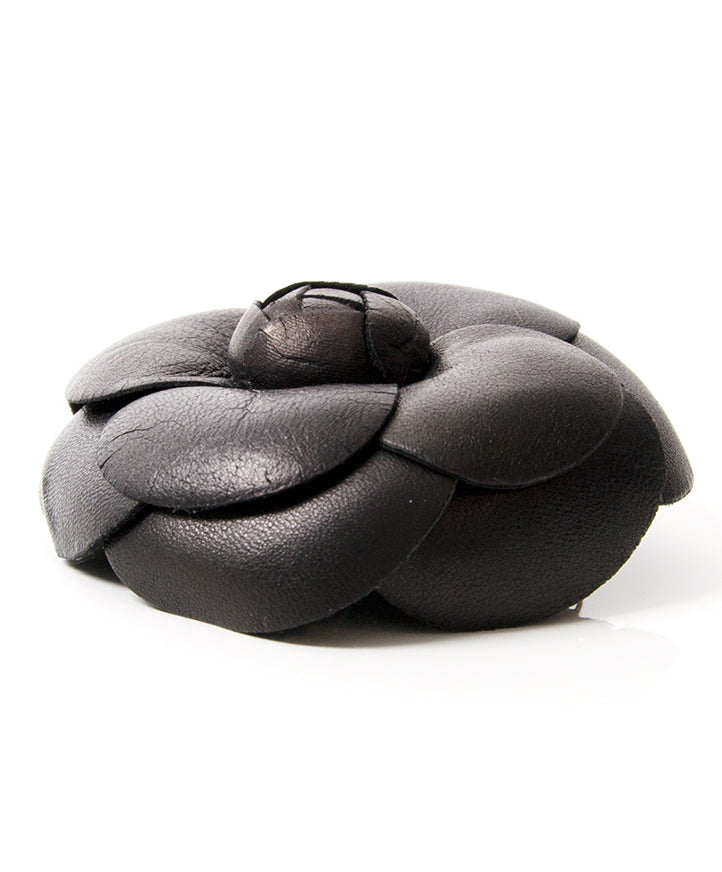 Chanel Leather Camelia Brooch secondhand authentic safe online shopping webshop Antwerp Belgium LabelLOV fashion style accessories luxury labels brand high end