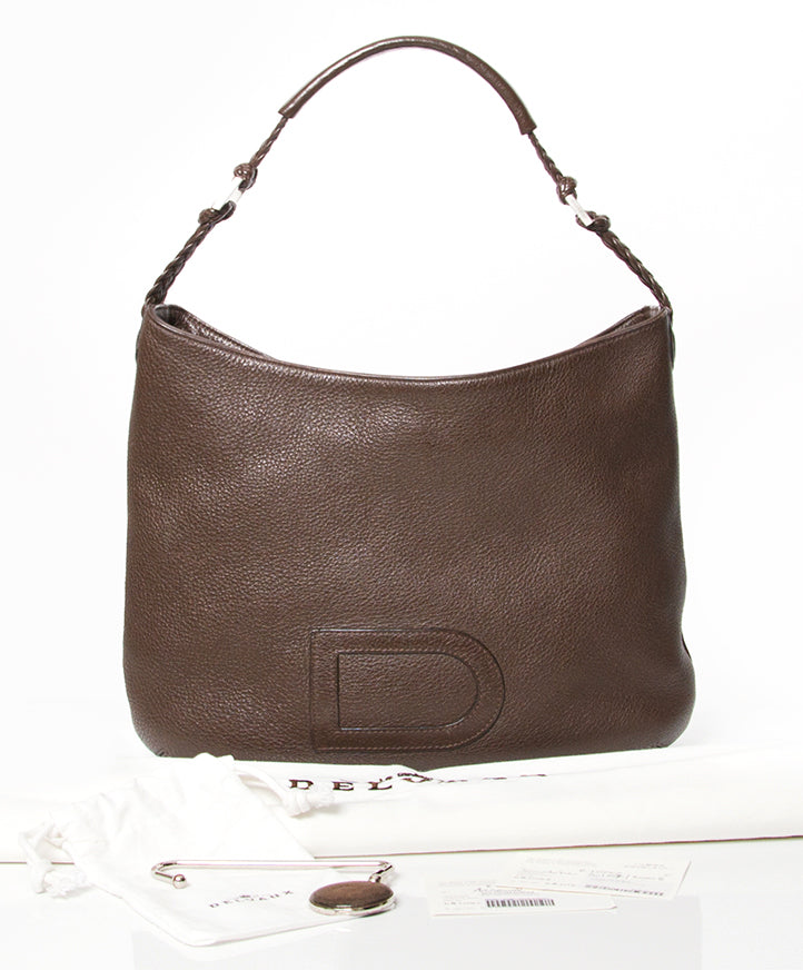 koop veilig tweedehands designer Delvaux chocolade bruine handtas aan de beste prijs