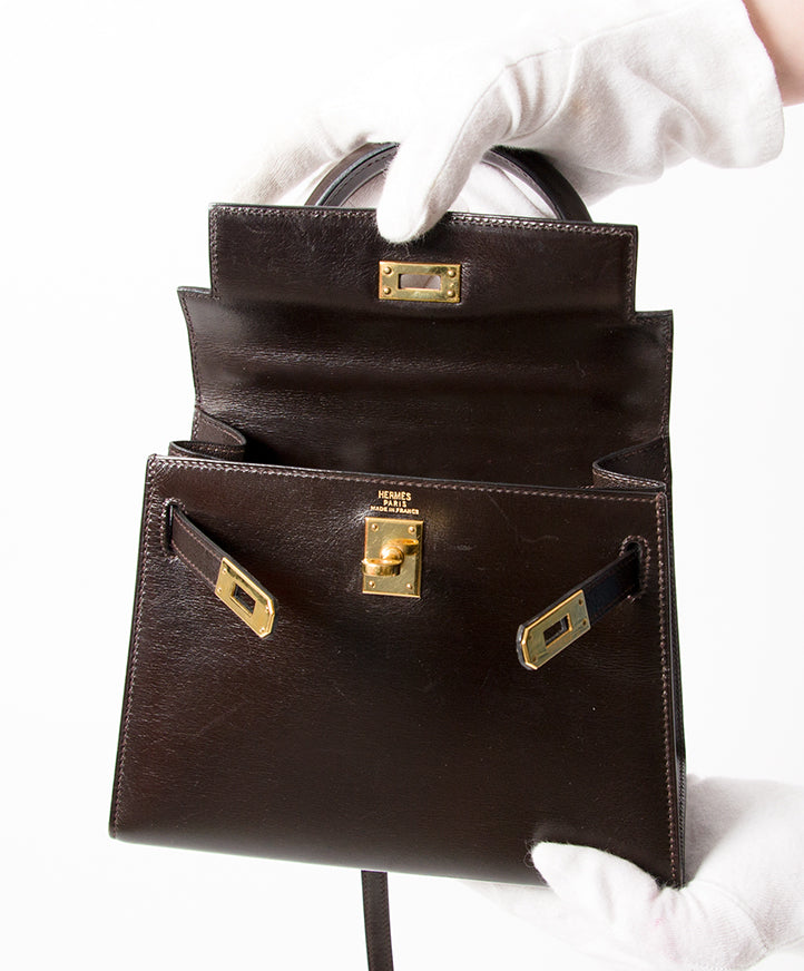 Hermès Kelly Mini Boxcalf Brown GHW With Strap webshop worldwide shipping