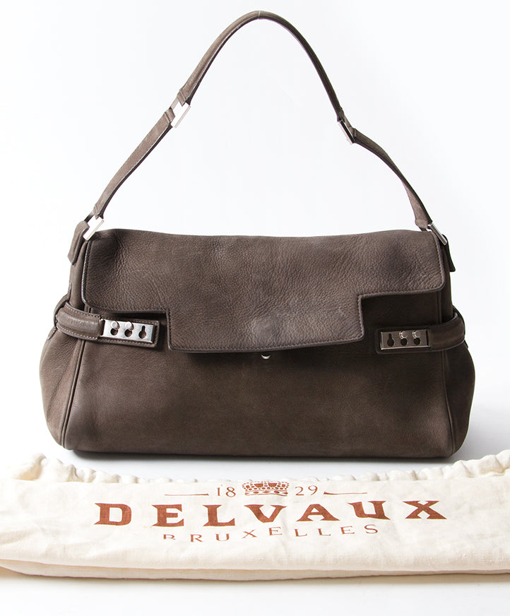 Delvaux Tempête Nubuck Shoulder Bag in Taupe safe shopping online webshop fashion designer luxe bags brands safe shopping antwerp belgium LabelLov