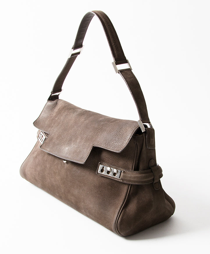 Delvaux Tempête Nubuck Shoulder Bag in Taupe schoudertas luxemerken merken designer online winkelen veilig antwerpen belgië juiste prijs LabelLOV mode handtas