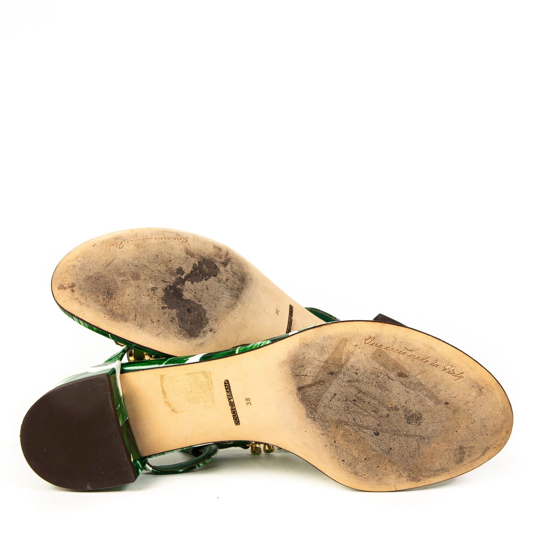 acheter en ligne seconde main Dolce & Gabbana Green Banana Leaf T Strap Sandals - Size 38. Buy!