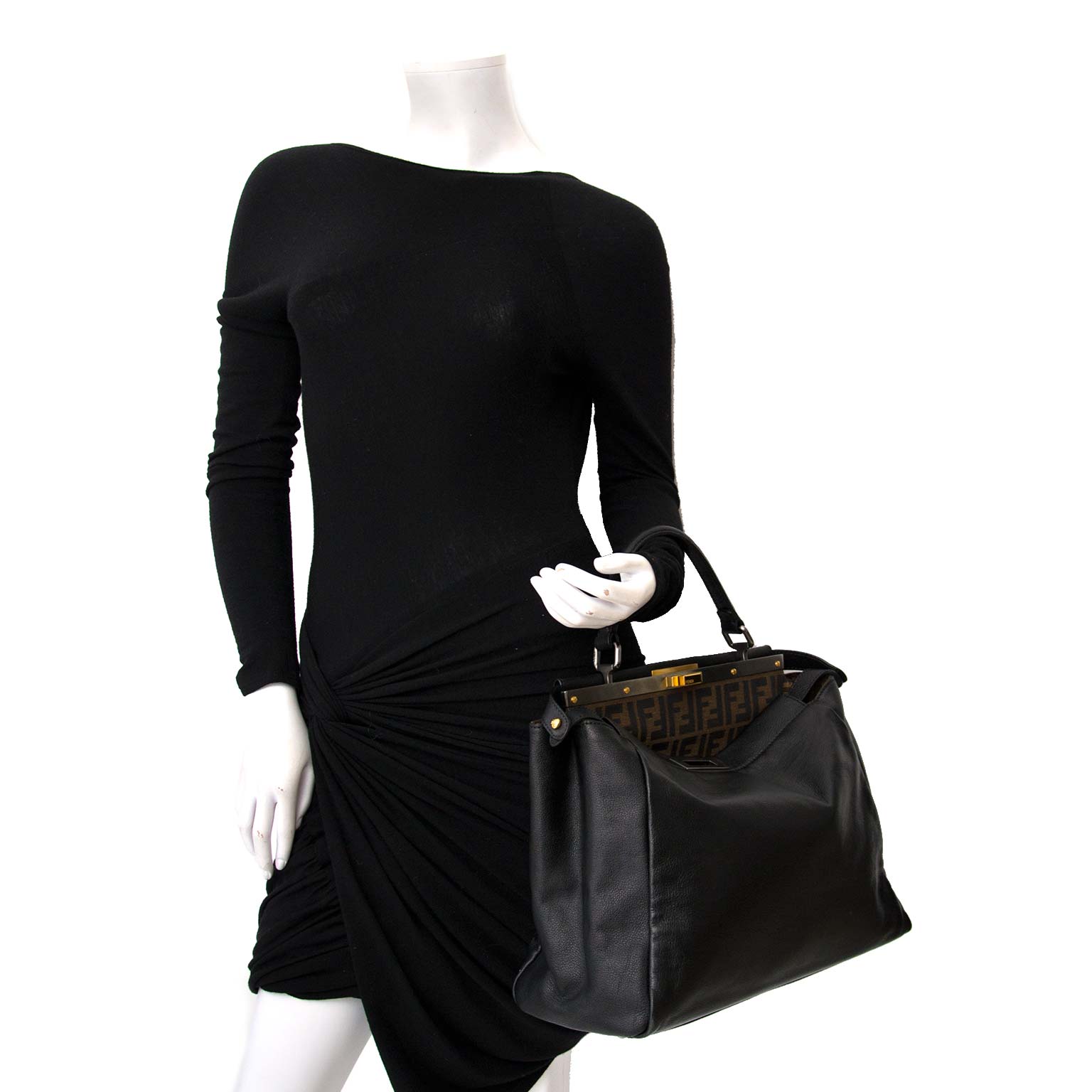 Fendi Black Monogram-Lined Peekaboo Bag veilig aan de beste prijs