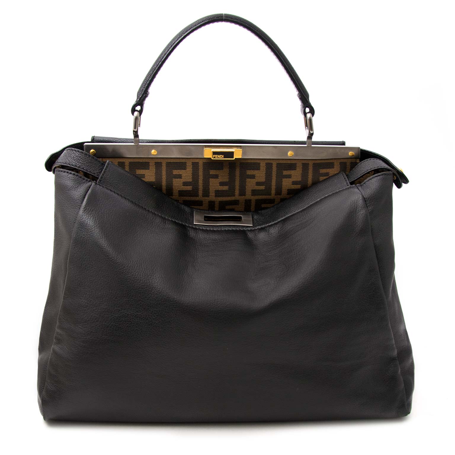 Fendi Black Monogram-Lined Peekaboo Bag 2dehands aan de beste prijs Fendi Black Monogram-Lined Peekaboo Bag