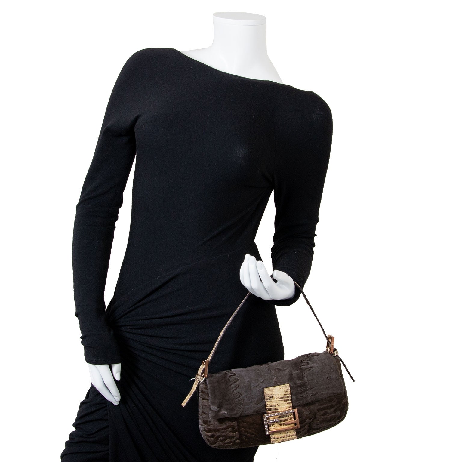 Fendi Brown Astrakan and Lizard Skin Baguette