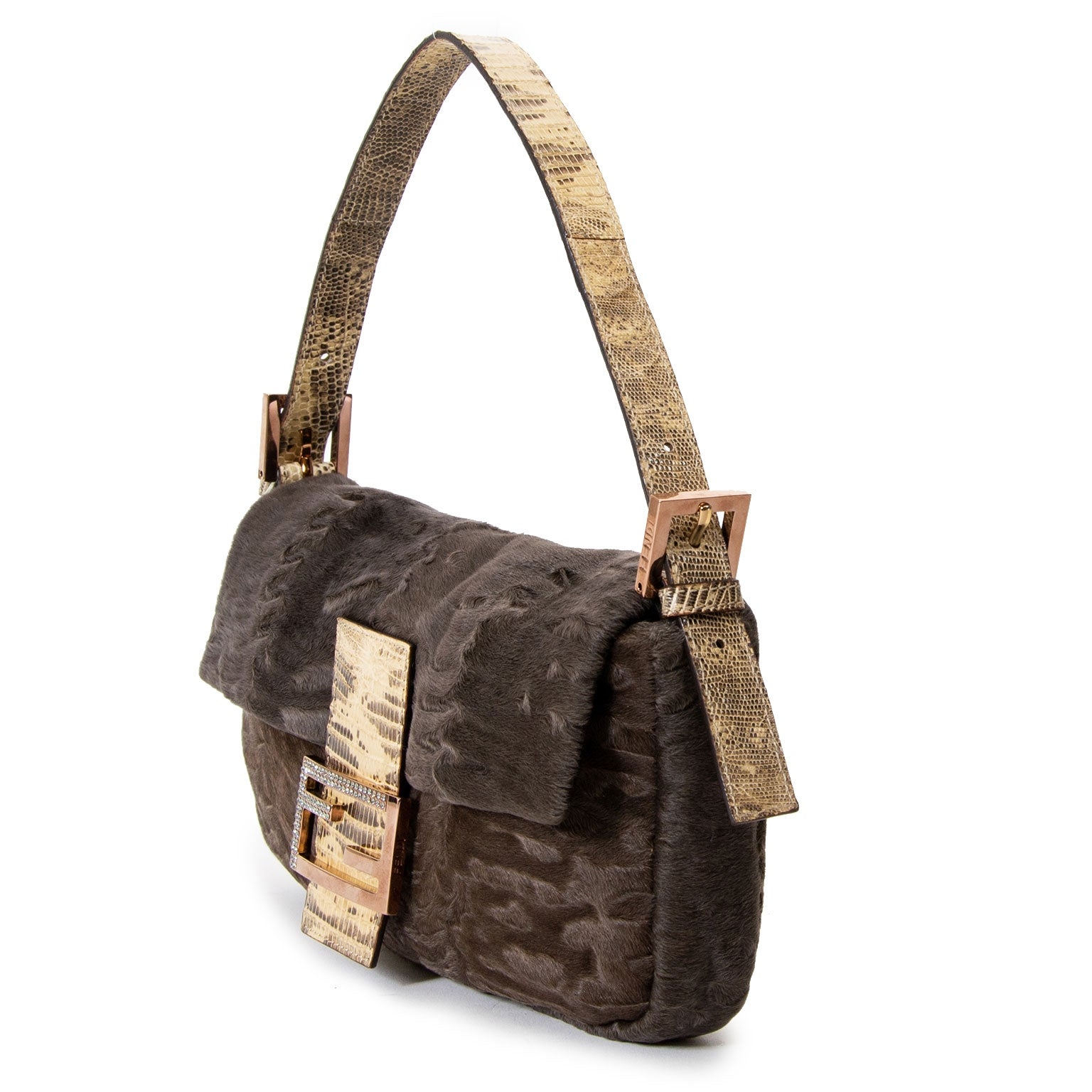 Fendi Brown Astrakan and Lizard Skin Baguette