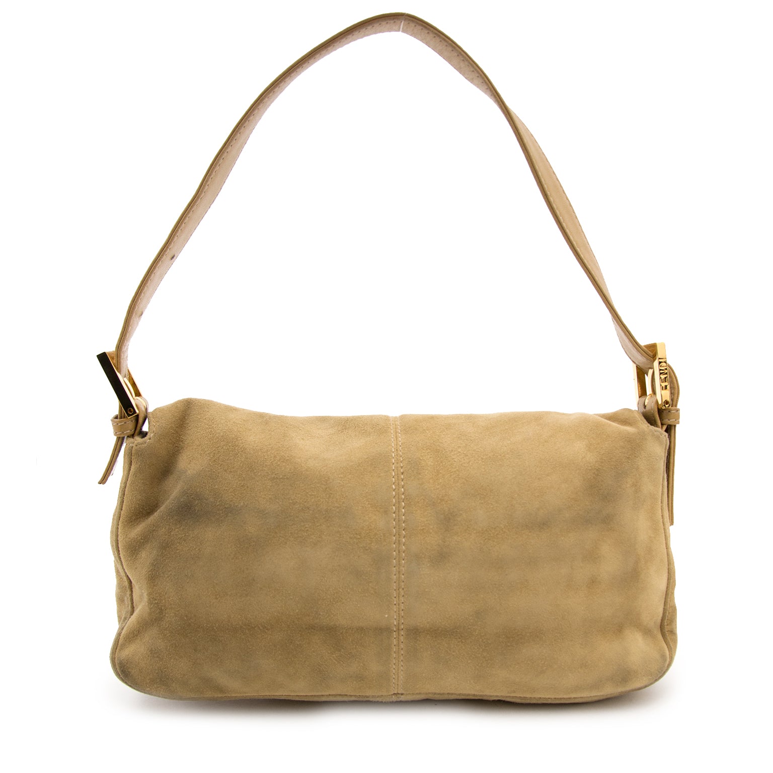 Bent u op zoek naar een authentieke Fendi Gold Suede Baguette Bag? Koop bij Labellov