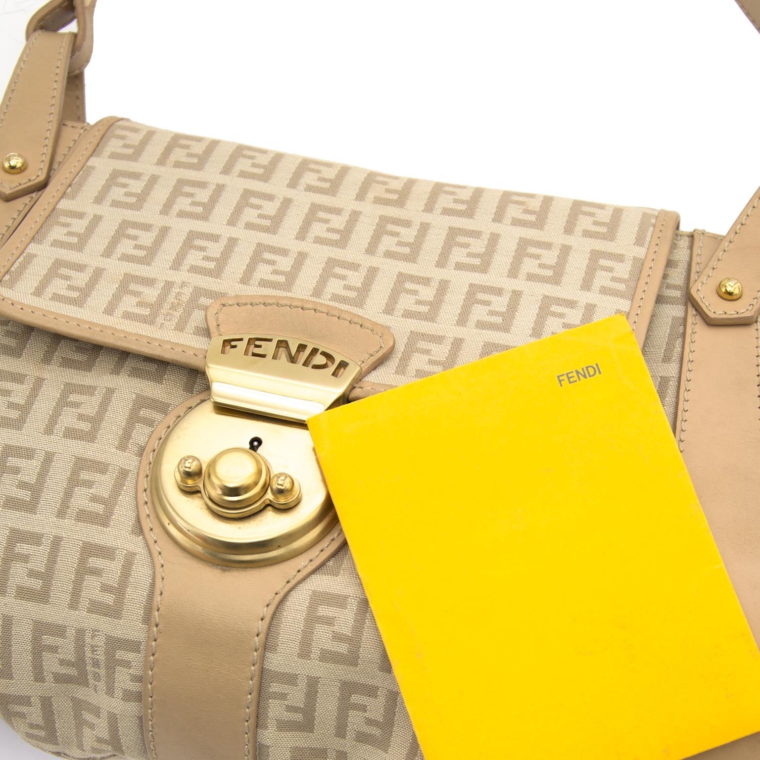 for sale Fendi Logo Fabric and Tan Leather Baguette Bag