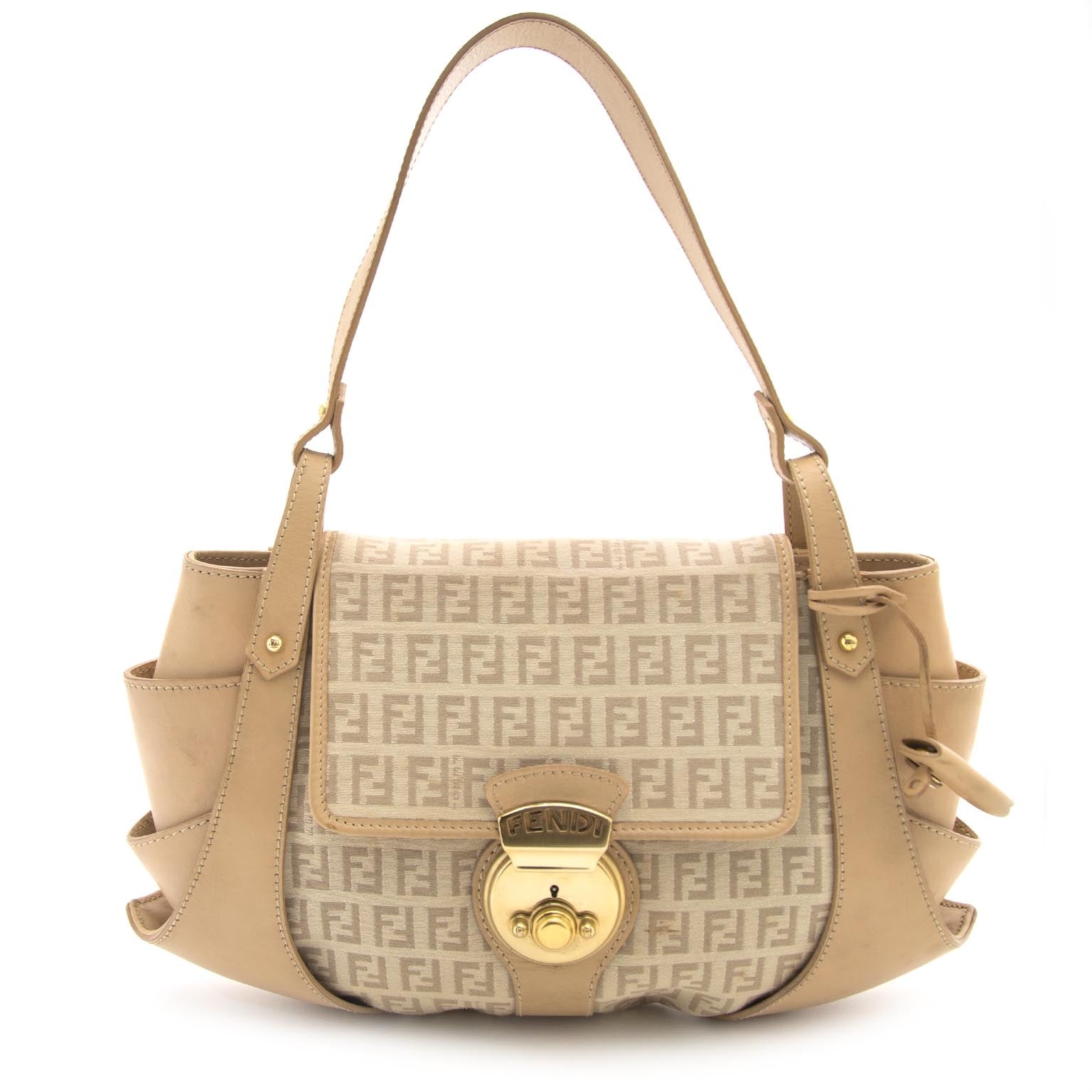 Fendi Logo Fabric and Tan Leather Baguette Bag buy your authentic bag at Labellov