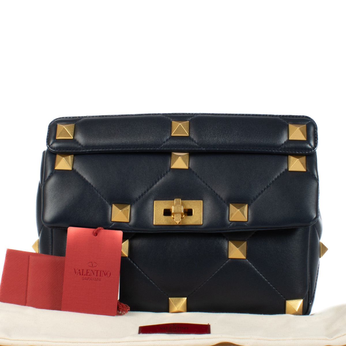 Valentino Garavani Blue Leather Roman Stud Medium Shoulder Bag