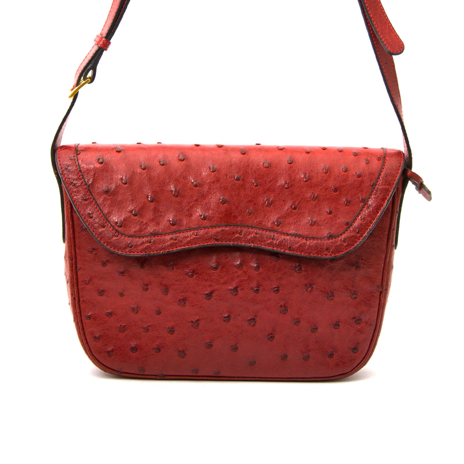 Authentic Delvaux Red Autruche Shoulder Bag for sale online at labellov.com