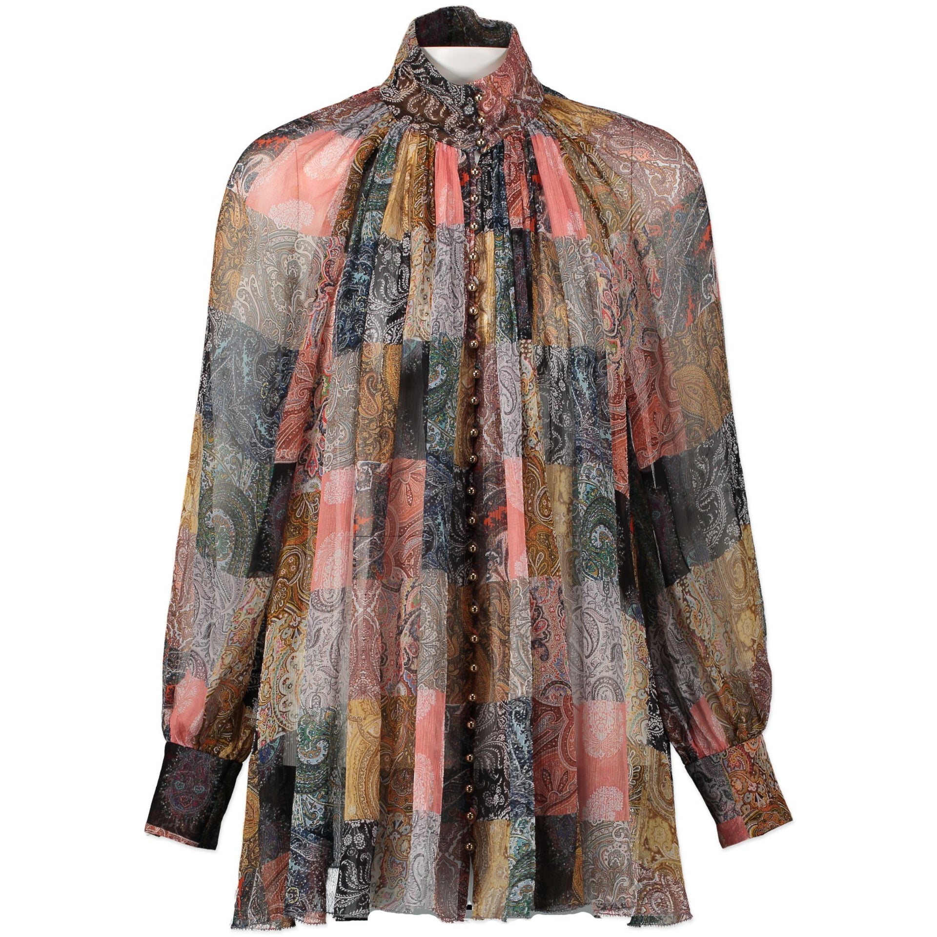 Zimmerman Patchwork Paisley Printed High-neck Smocked Silk Top